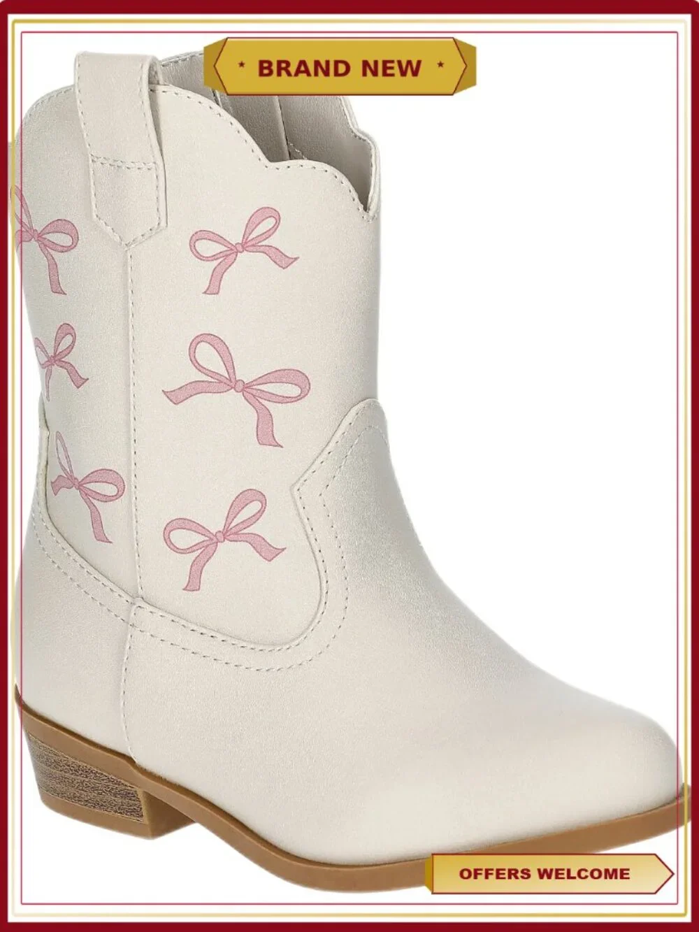 Girls Bow Print Western Cowgirl Boots with Side Zipper